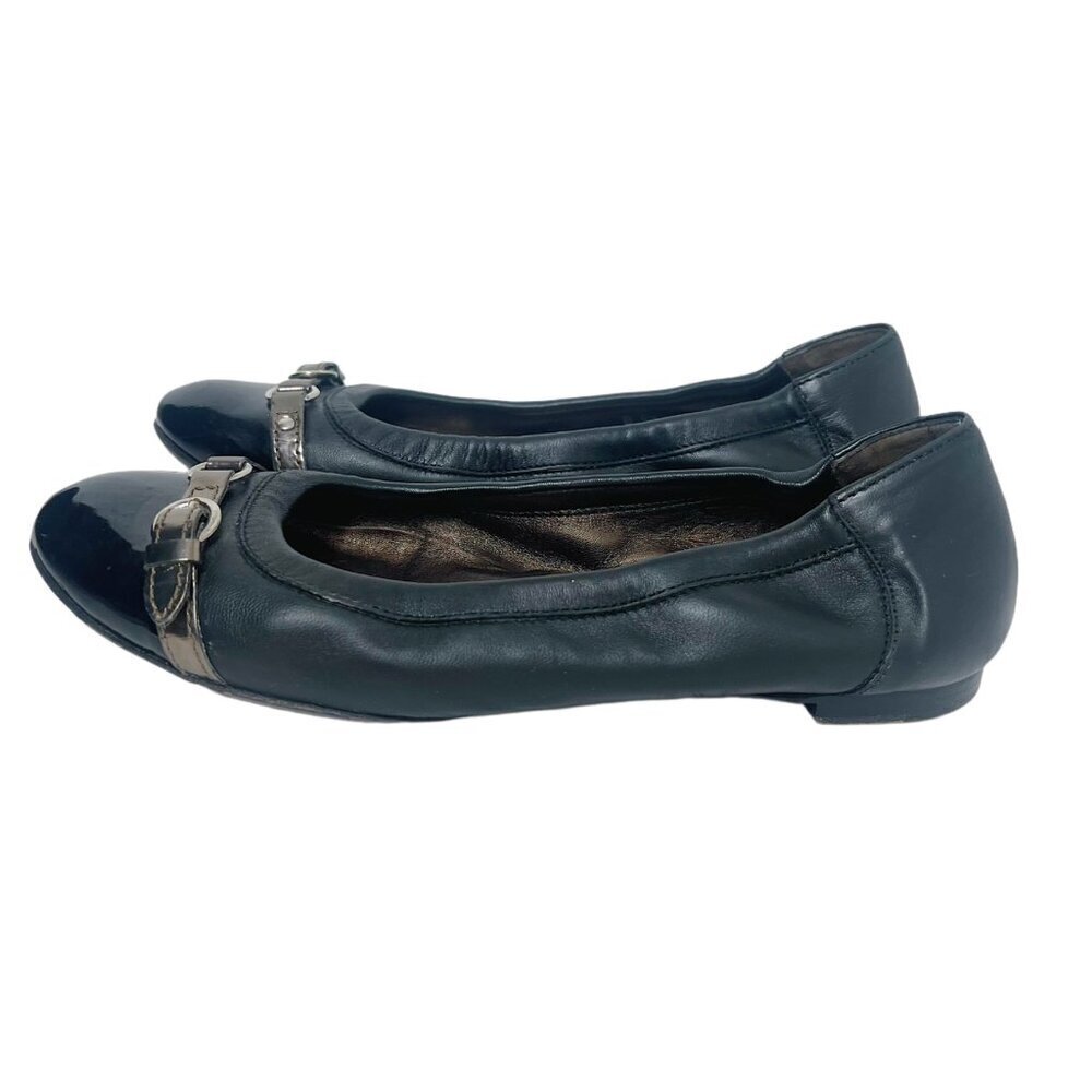 AGL Monika Cap Toe Ballet Flat Black Leather Bronze Buckle Women's Size 9.5 - Picture 2 of 9